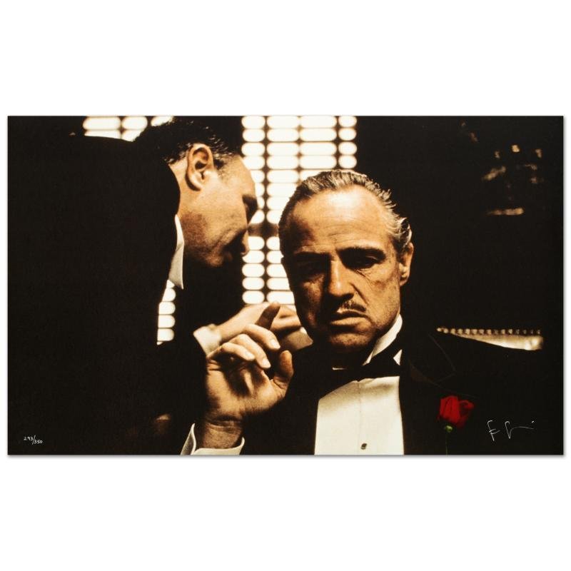 The Whisper by Steve Schapiro: "The Whisper" is a limited edition lithograph on museum quality deckle-edge paper, numbered and hand signed by Steve Schapiro. It depicts a scene from the iconic movie 1972's "The Godfather", starring