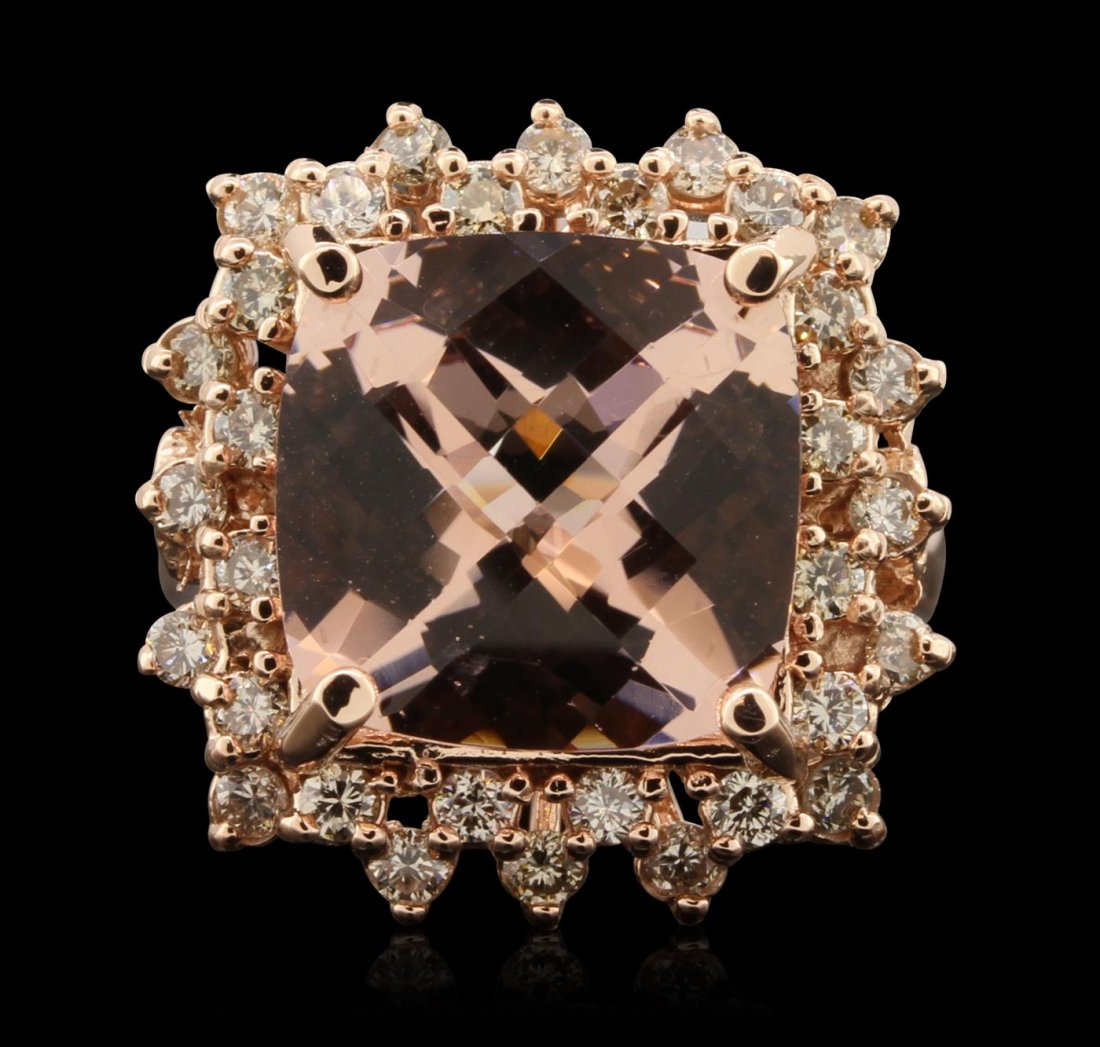 14KT Rose Gold 6.94ct Morganite and Diamond Ring: 14KT rose gold 6.94ct Morganite and Diamond Ring A6604. One electronically tested 14KT rose gold ladies cast morganite and diamond ring with a bright polish finish. The featured morganite is set withi