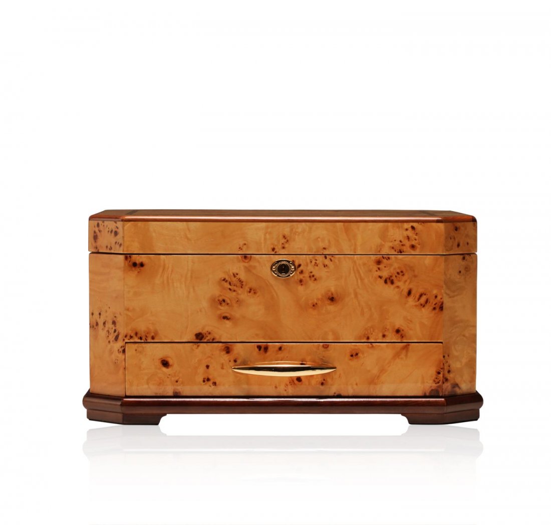 Maple Wood Jewelry Box: A beautiful large jewelry box featuring a glossy maple wood exterior, lined with fabric, and key and lock closure. The necklace holder, removable tray, and accessory drawer make it easy to organize an