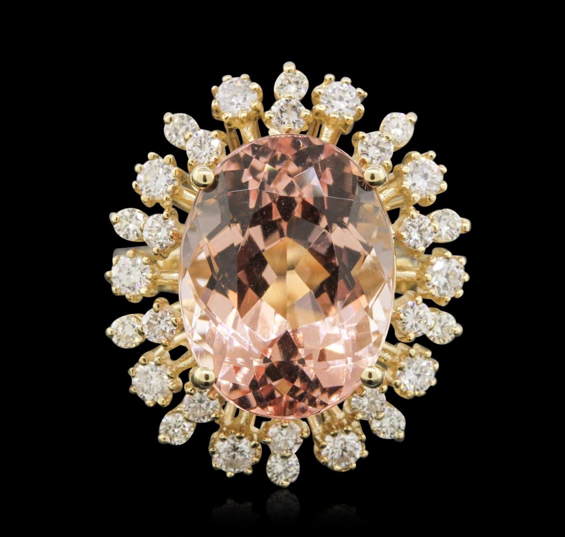 14KT Yellow Gold 9.60ct Morganite and Diamond Ring: One electronically tested 14KT yellow gold ladies combination cast & assembled ring with a bright polish finish. Identified with markings of "14K". Condition is new. Containing: One prong set oval mod