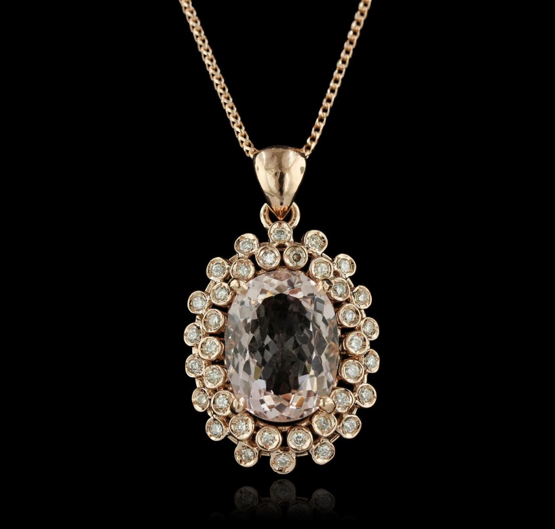 14KT Rose Gold 8.73ct Morganite and Diamond Pendant: One electronically tested 14KT rose gold Ladies combination cast & die struck pendant & chain 17.0" long, medium fancy cable link with a lobster claw clasp with a bright polish finish. Condition is ne