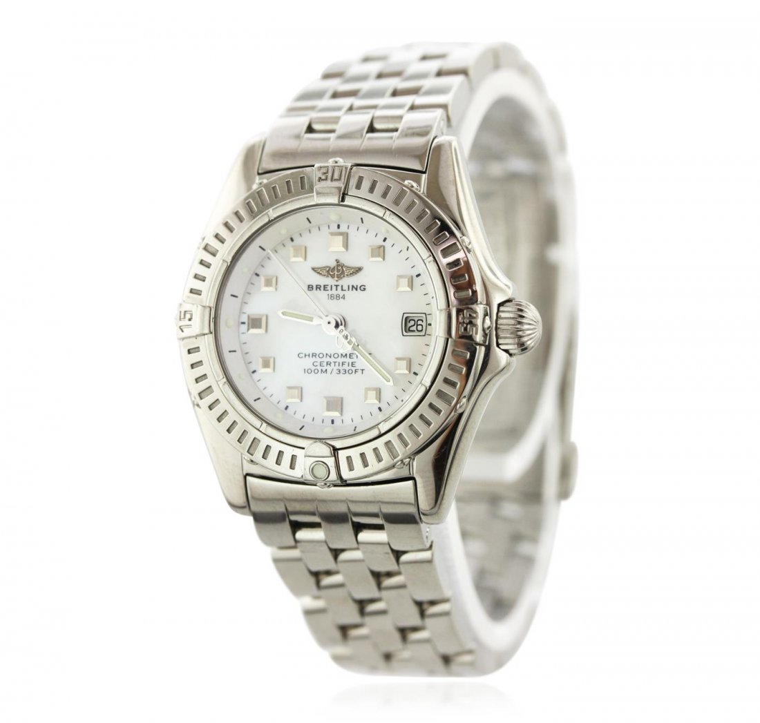 Ladies Breitling Windrider Callistino Wristwatch: One ladies, Breitling Windrider Callistino Quartz wristwatch electronically tested stainless steel, Case: 29mm diameter, Bezel: uni-directional, Crystal: synthetic sapphire, Movement: Breitling 72, Su