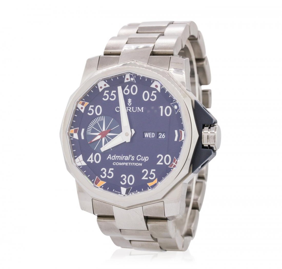 Gents Stainless Steel Corum Admirals Cup Wristwatch: One gents Corum Admirals Cup Competition wristwatch featuring: 48mm Stainless Steel case, Blue Dial, Automatic Mechanical Movement, Day & Date at 3 o'clock position, Diver Watch/ Water Resistant over