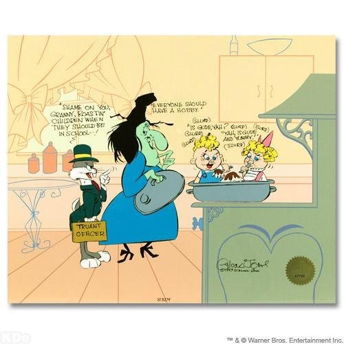 Bugs and Witch Hazel Truant officer by Chuck Jones By: Own this amazing piece based on the original line image hand drawn and hand-inked on paper by Chuck Jones! "Bugs and Witch Hazel: Truant Officer" is a limited edition animation cel from a sold out edi