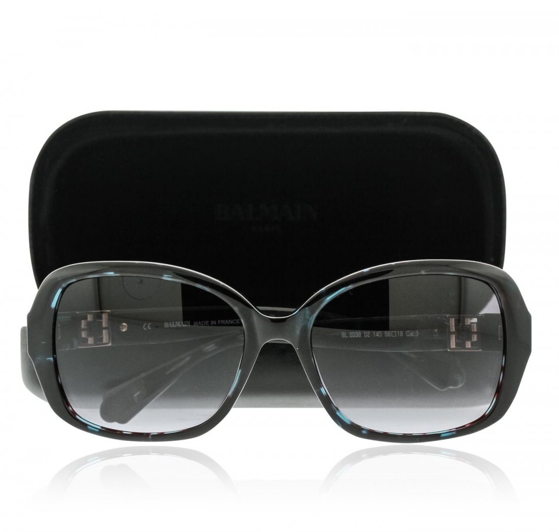 Balmain Blue Tortoise Sunglasses: One pair of Balmain blue tortoise sunglasses. Style number BL2038. Includes case, lens cloth, and safety booklet.
