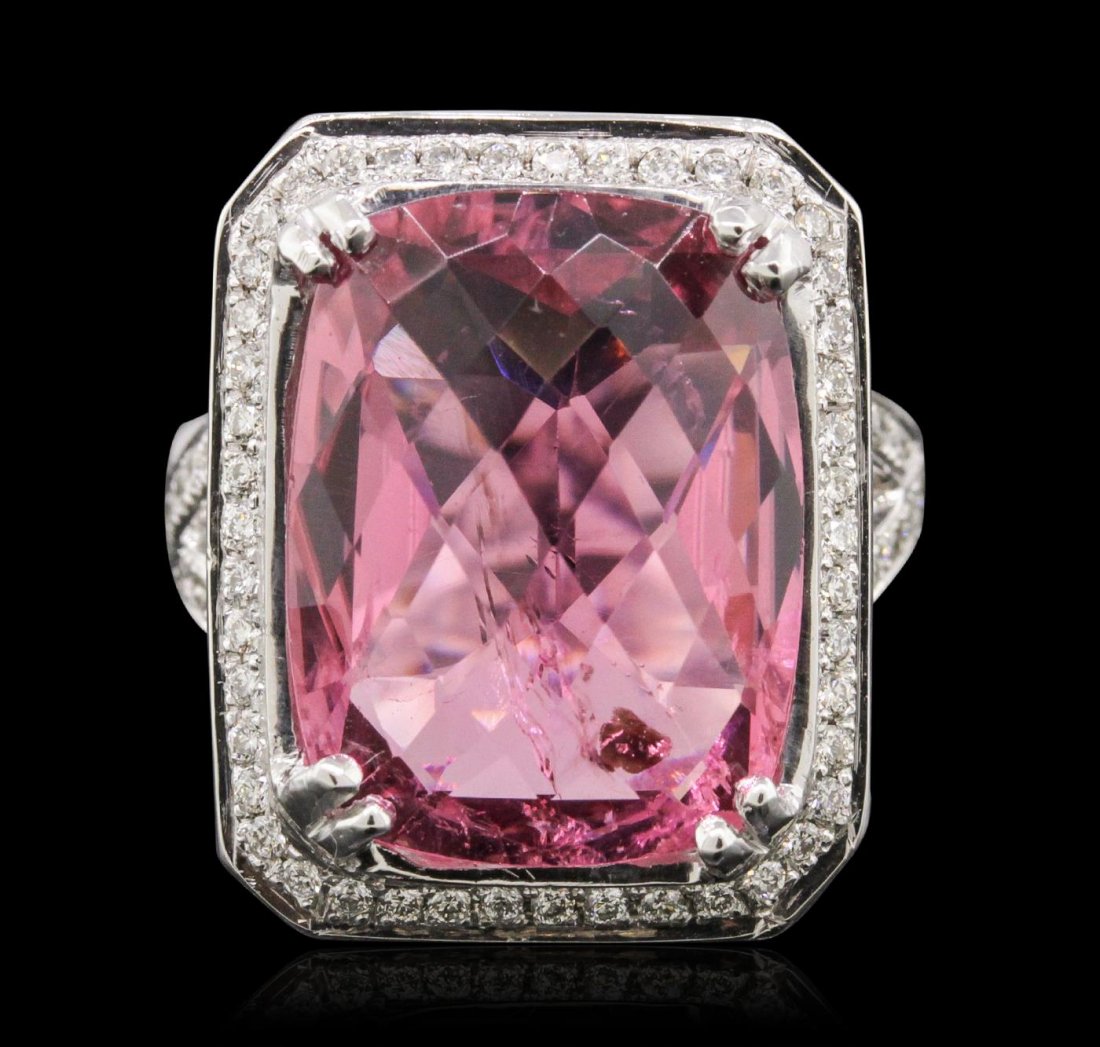 14KT White Gold 13.39ct Tourmaline and Diamond Ring: One electronically tested 14KT white gold ladies combination cast & assembled ring with a bright polish finish. Condition is new. Identified with markings of "K14". Containing: One prong set rectangul