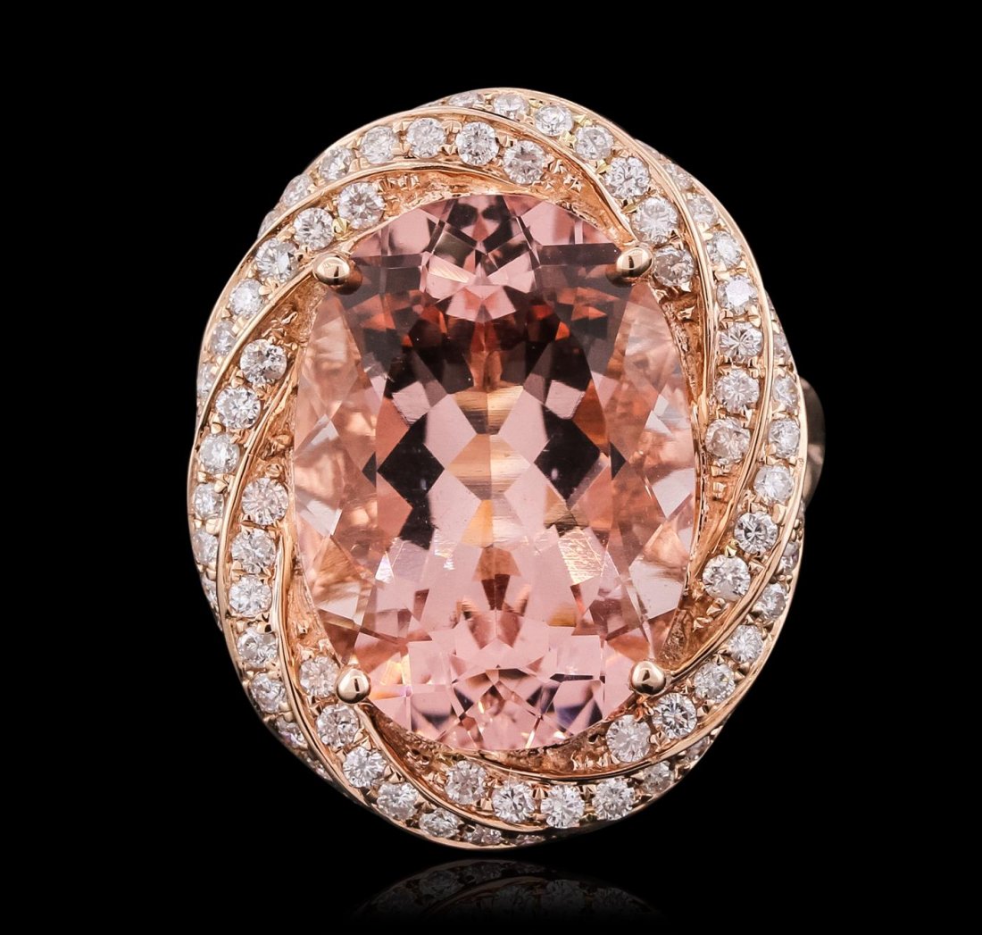 14KT Rose Gold 12.12ct Morganite and Diamond Ring: One electronically tested 14KT rose gold ladies combination cast & assembled ring with a split shoulder shank with a bright polish finish. Identified with markings of "14Kt". Condition is new. Contain