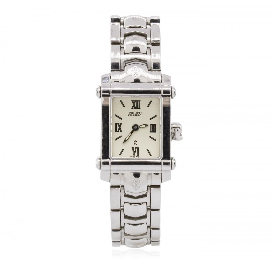 Ladies Stainless Steel Charriol Wristwatch: One ladies Phillipe Charriol Columbus Luxury Dress Style Wristwatch featuring: Stainless Steel Bracelet, Lugs, Crystal, Bezel, and 18mm wide Case, White Dial with Analog Display, XII, III, VI, and IX