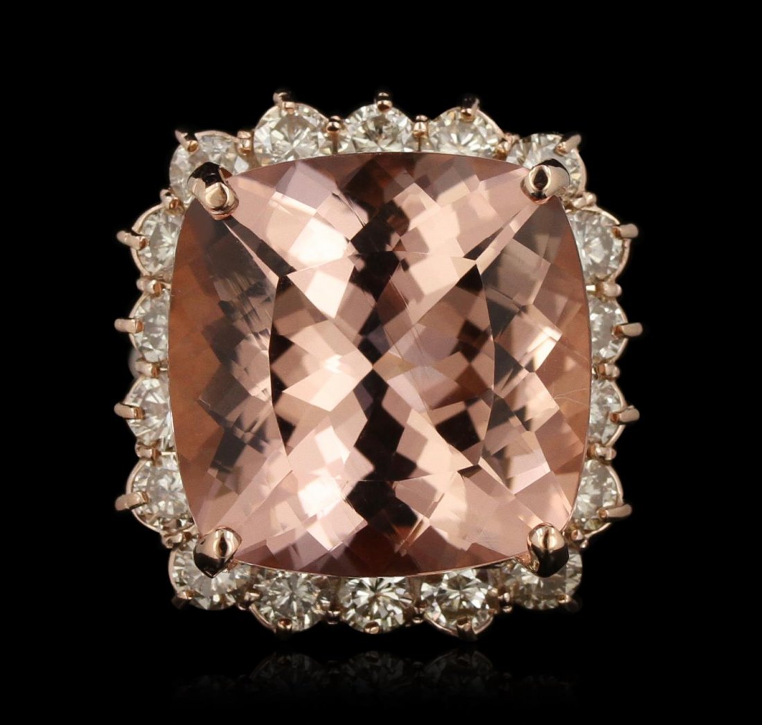 14KT Rose Gold 19.10ct GIA Cert Morganite and Diamond: electronically tested 14KT rose gold Ladies combination cast & assembled cocktail ring with a bright polish finish. Identified with markings of "14K". Condition is excellent. Containing: One prong set