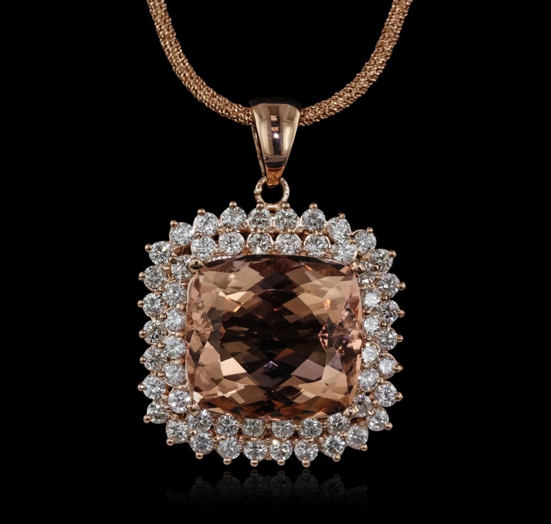 14KT Rose Gold GIA Certified 30.96ct Morganite and: One electronically tested 14KT rose gold ladies cast & assembled morganite and diamond pendant with chain. Condition is new, good workmanship. The pendant features a morganite set within two tiered di