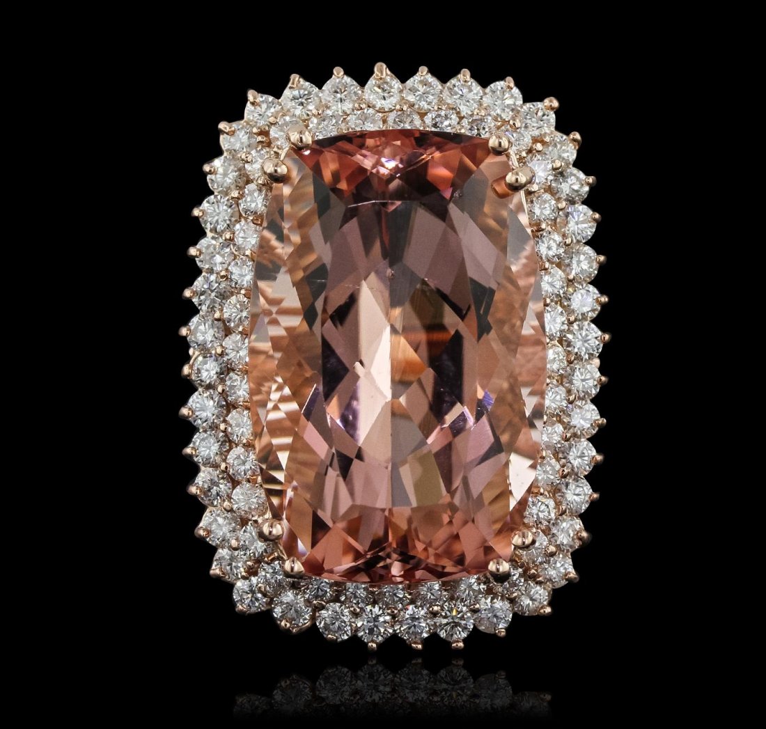 14KT Rose Gold GIA Certified 41.85ct Morganite and: One electronically tested 14KT rose gold Ladies combination cast & assembled ring with a bright polish finish. Condition is new. Identified with markings of "K14". Containing: One prong set rectangula