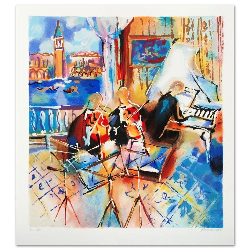 Venetian Melody By Michael Rozenvain: Michael Rozenvain's remarkable art piece is full of rich color and entertaining artistry! "Venetian Melody" is a limited edition serigraph on paper, numbered and hand signed by Rozenvain. Measures app