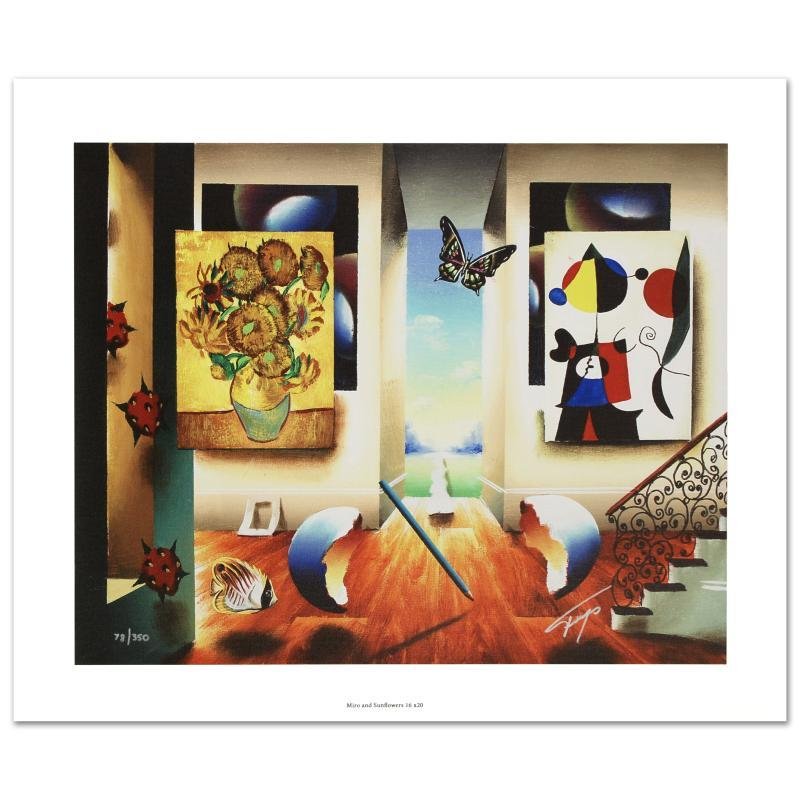 Miro and Sunflowers By Ferjo: "Miro and Sunflowers" is a limited edition giclee on canvas, numbered and hand signed by Ferjo. Measures approx. 20" x 16" (image).