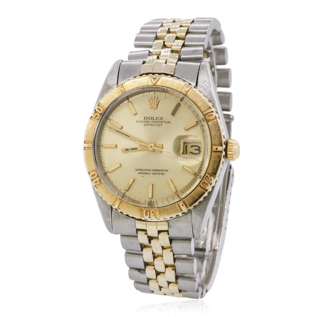 Rolex Two-Tone DateJust Thunderbird Vintage Wristwatch: One, Rolex two-tone DateJust Thunderbird wristwatch electronically tested, Circa: 1966, Stainless Steel Case: 36mm oyster, 14KT yellow gold Crown: twinlock with logo, 14KT yellow gold Bezel: Thunderbi