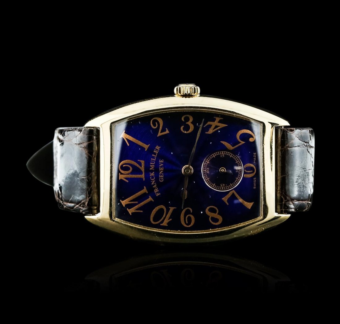 Frank Muller 18KT Yellow Gold Casablanca Wristwatch: One, custom cast & hand crafted Franck Muller Casablanca Wristwatch, electronically tested 18KT yellow gold, Case: 39mm x 28mm, Case Back: secured by four set screws, engraved with the manufactures na