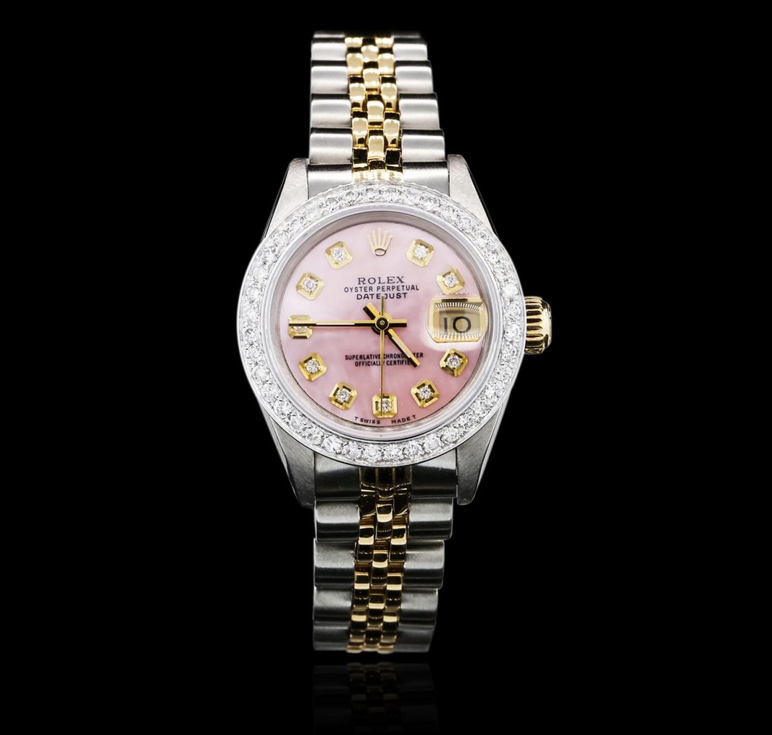 Ladies Rolex Two-Tone 1.10ctw Diamond DateJust: One ladies, hand crafted & machine milled Rolex DateJust Model Stainless Steel & 18KT yellow gold wristwatch electronically tested, Case: 26mm oyster, Crown: twinlock with logo, Custom Bezel: diamond 