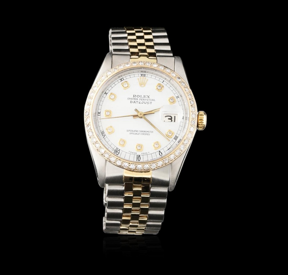 Gents Rolex Two-Tone 1.00ctw Diamond DateJust: One gents, hand crafted & machine milled Rolex two-tone DateJust wristwatch electronically tested, Stainless Steel Case: 36mm oyster, 14KT yellow gold Crown: twinlock with logo, Custom Bezel: diamond 