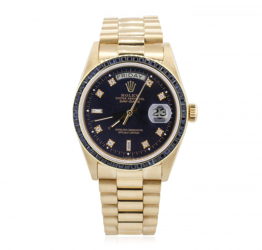 18KT Yellow Gold 2.70ctw Sapphire Rolex DayDate: One gents, hand crafted & machine milled Rolex DayDate model The President wristwatch electronically tested 18KT Yellow Gold, case 36mm oyster, Crown twin lock with logo, Custom Bezel, set with blue s