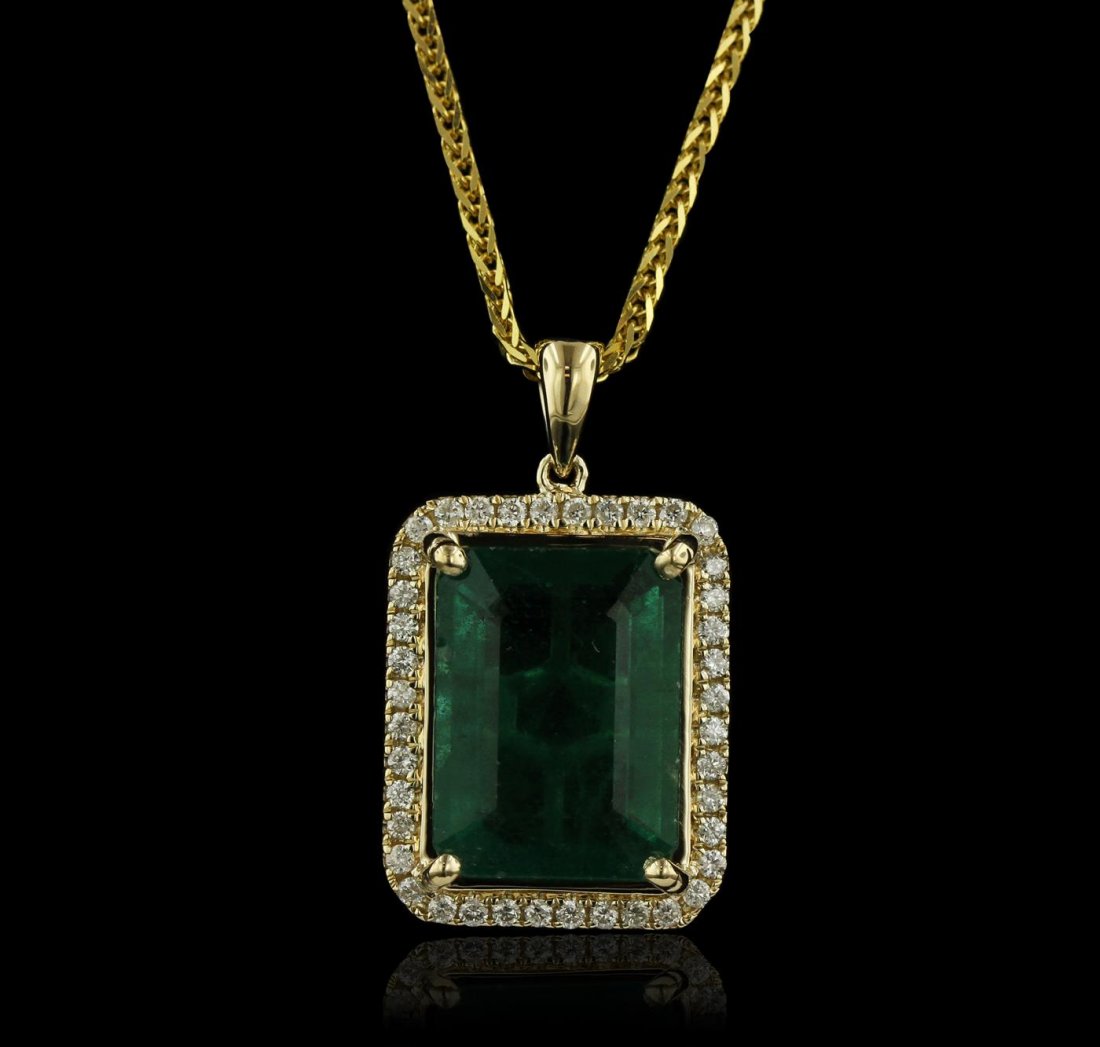 14KT Yellow Gold 8.05ct Emerald and Diamond Pendant: One electronically tested 14KT yellow gold Ladies combination cast & assembled pendant with a bright polish finish. Condition is new. Identified with markings of "14K". Containing: One prong set emera