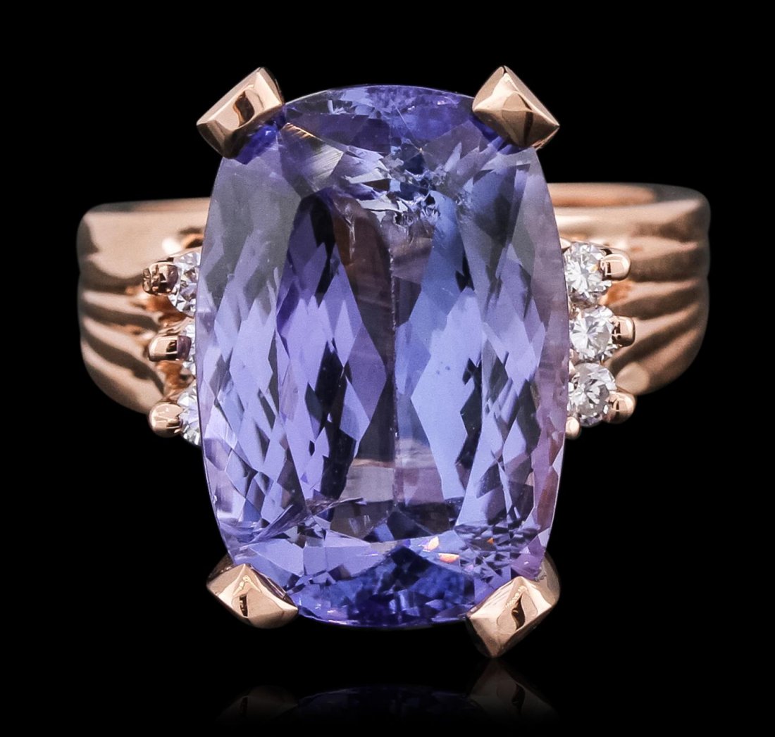 14KT Rose Gold 9.42ct Tanzanite and Diamond Ring: One electronically tested 14KT rose gold ladies combination cast & assembled ring with a bright polish finish. Identified with markings of "14K". Condition is new. Containing: One prong set rectangula