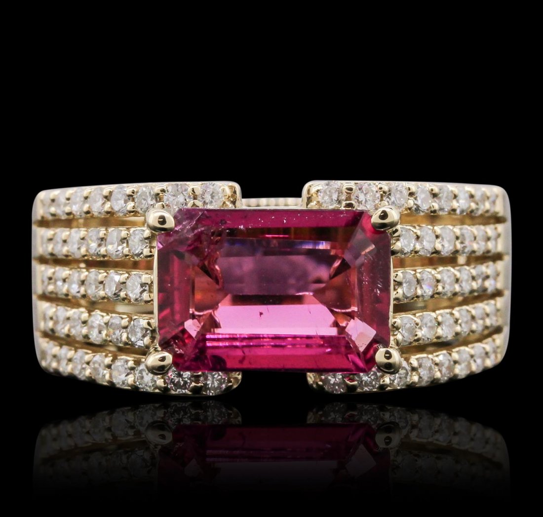 14KT Yellow Gold 1.91ct Rubelite and Diamond Ring: One electronically tested 14KT yellow gold Ladies combination cast & assembled ring with a high polish finish. Condition is new. Identified with markings of "14K". Containing: One prong set rectangula