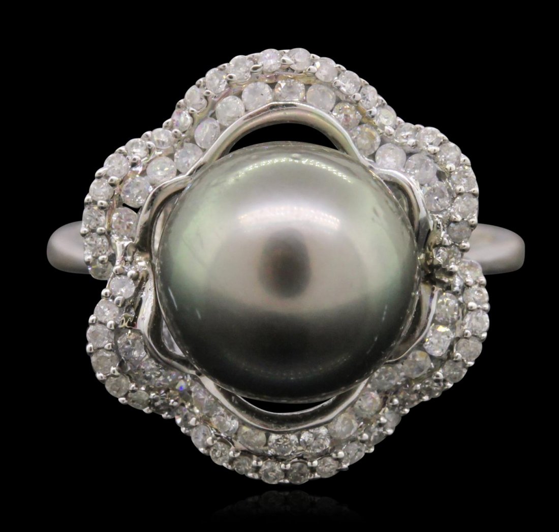 14KT White Gold 10.2mm Pearl and Diamond Ring: One electronically tested 14KT white gold Ladies combination cast & assembled ring with a bright polish finish. Condition is new. Identified with markings of "14K". Containing: One Tahitian pearl, 10.