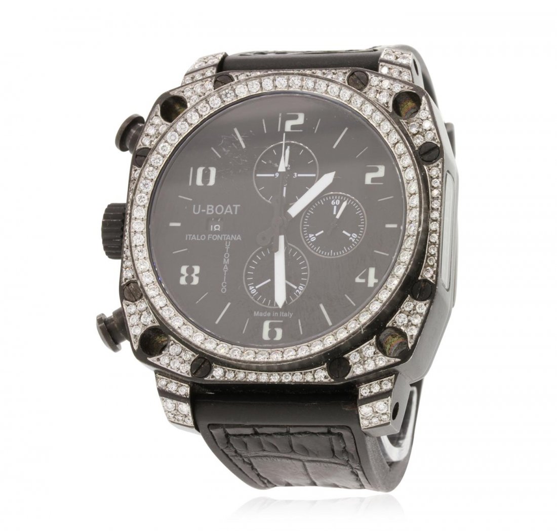 Gents U-Boat PVD Diamond Thousands of Feet Wristwatch: One gents, U-Boat PVD coated steel Thousands of Feet Chronograph model wristwatch electronically tested, Case: 50 x 50mm, Case Back: exhibition, the rotor is visible, the case back is engraved with th