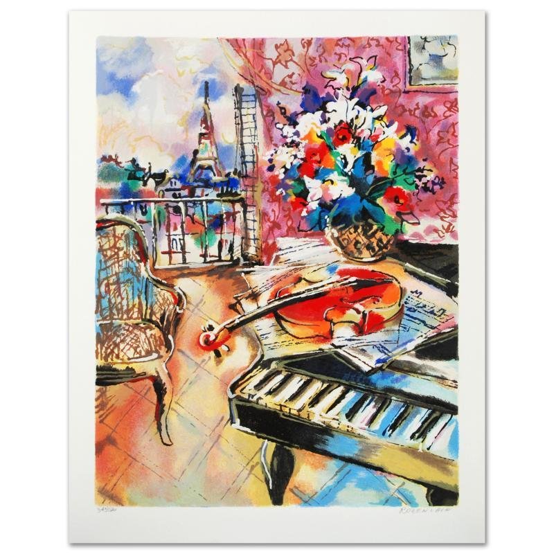 Parisian Sounds by Michael Rozenvain: Michael Rozenvain's remarkable art piece is full of rich color and entertaining artistry! "Parisian Sounds" is a limited edition serigraph on paper, numbered and hand signed by Rozenvain! Includes Cer