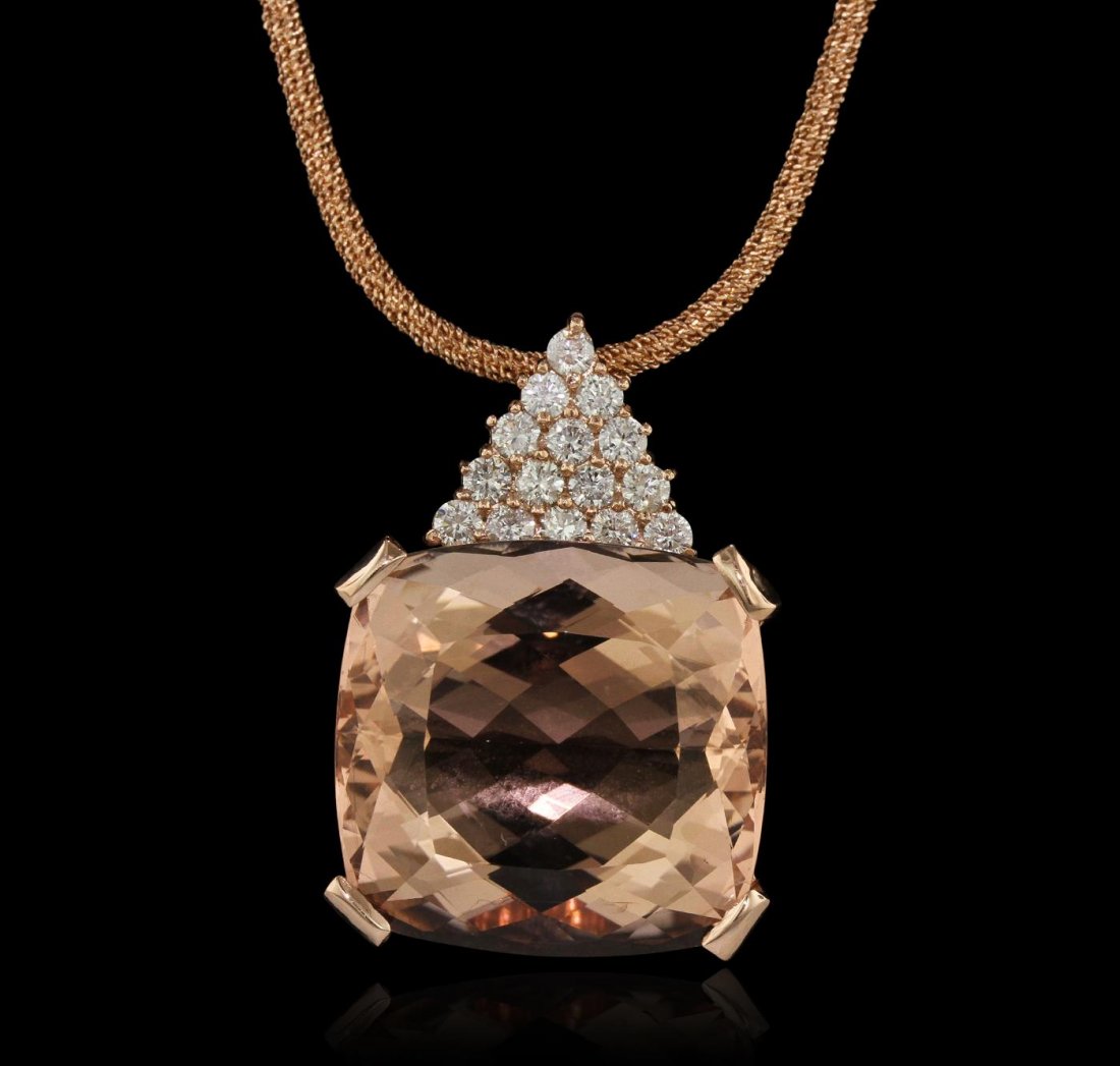 14KT Rose Gold GIA Certified 52.37ct Morganite and: One electronically tested 14KT rose gold ladies cast & assembled morganite and diamond pendant with chain. The pendant features a morganite completed by a diamond set bail. The pendant is supported by