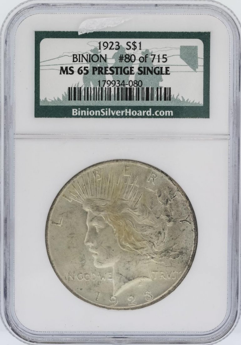 1923 NGC MS65 Prestige Single Peace Binion Silver: One 1923 NGC MS65 Prestige Single Peace Binion Silver Dollar. NGC Certified.