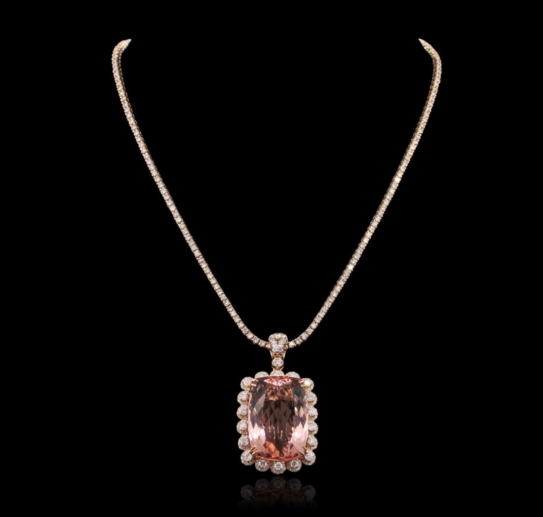 14KT Rose Gold 48.30ct GIA Certified Morganite and: One electronically tested 14KT rose gold Ladies combination cast & assembled pendant & chain 16.5 inch long, medium with a hidden box clasp with a bright polish finish. Condition is new. Identified wi
