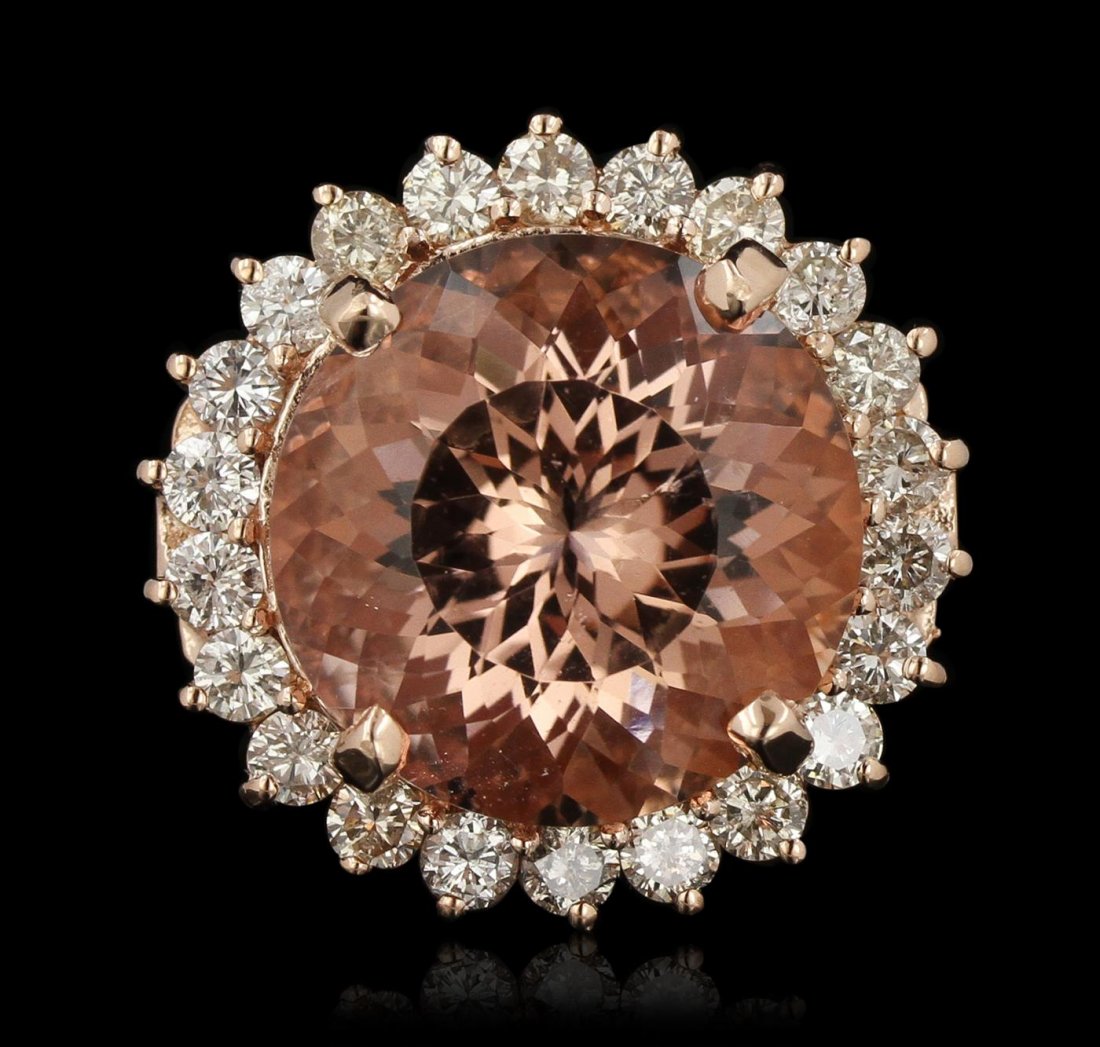 14KT Rose Gold 18.02ct Morganite and Diamond Ring: One electronically tested 14KT rose gold ladies cast morganite and diamond ring with a bright polish finish. The featured morganite is set within a diamond bezel supported by split shoulders and compl