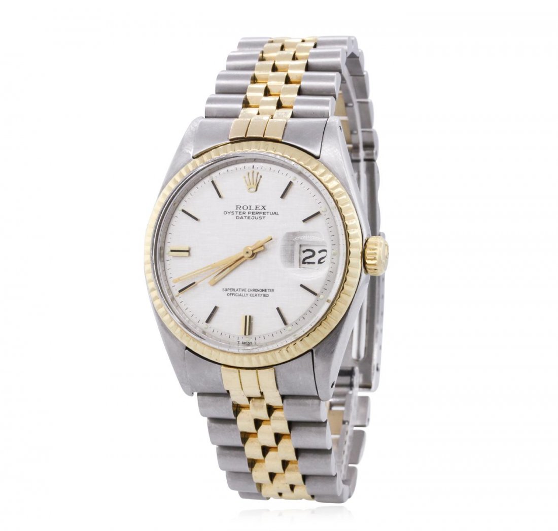 Gents Rolex Two-Tone DateJust Wristwatch: One gents, hand crafted & machine milled Rolex two-tone DateJust model wristwatch electronically tested, Stainless Steel Case: 36mm oyster, Custom Crystal: acrylic cyclops lens, 14KT yellow gold Crown