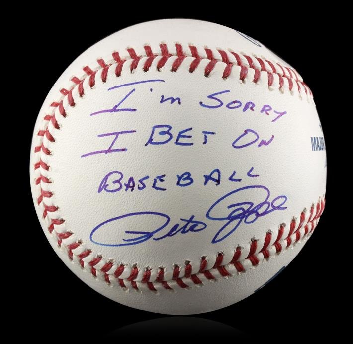 Autographed Pete Rose "I'm Sorry" Baseball PSA: Autographed Pete Rose "I'm Sorry" Baseball PSA Certified. Signed Pete Rose baseball with I'm Sorry I bet on Baseball written on the ball. Pete Rose had 4256 hits in his 24 year career with the Reds, P