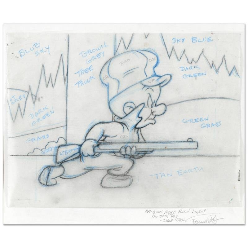 Elmer Fudd by Tom Ray: "Elmer Fudd" is an original pencil layout on paper circa 1990's by the renowned animator and cartoon director, Tom Ray (1919-2010)! This piece is hand signed by his widow, Brenda Ray. Measures approx.