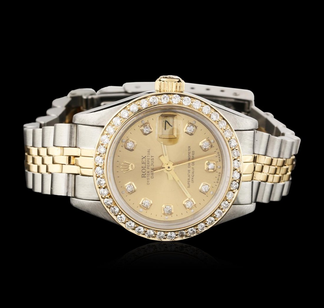 Ladies Rolex Two-Tone Diamond DateJust Wristwatch: One ladies, hand crafted & machine milled Rolex DateJust Model wristwatch electronically tested, Stainless Steel Case: 26mm oyster, 14KT yellow gold Crown: twinlock with logo, Custom Bezel: diamond se