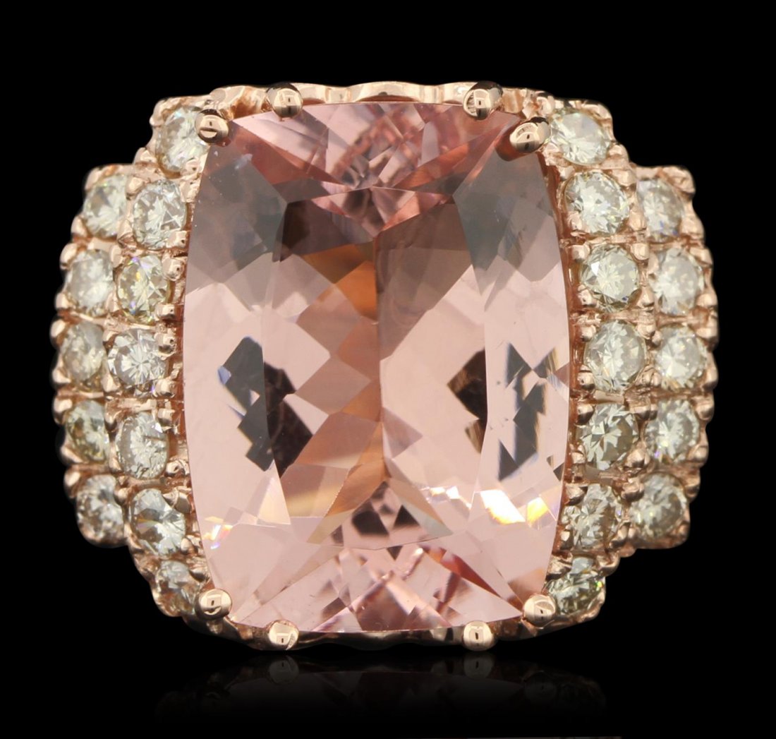 14KT Rose Gold 13.01ct GIA Cert Morganite and Diamond: One electronically tested 14KT rose gold ladies cast morganite and diamond ring with a bright polish finish. Condition is new, good workmanship. The featured morganite is supported by diamond set step