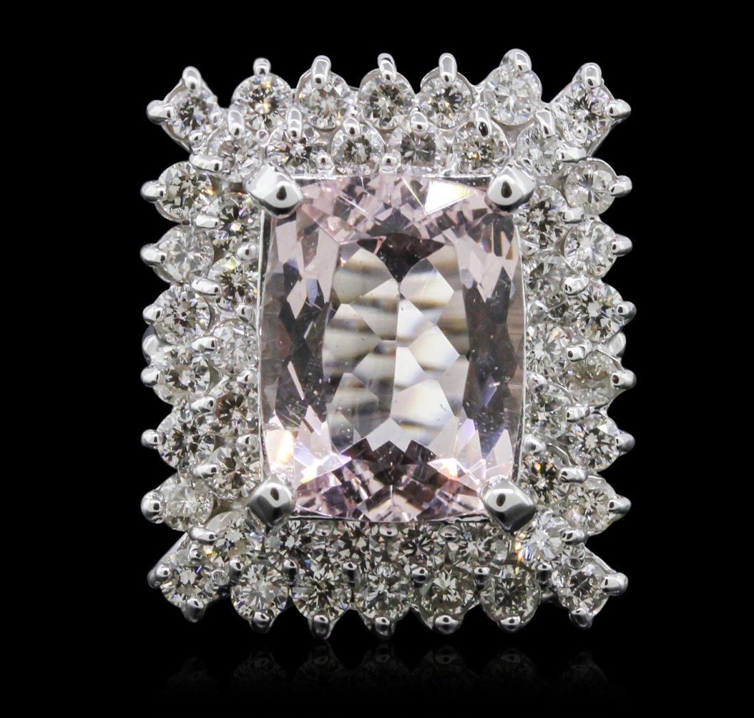14KT White Gold 6.20ct Morganite and Diamond Ring: One electronically tested 14KT white gold ladies cast morganite and diamond ring with a bright polish finish. Condition is new, good workmanship. The featured morganite is set within two tiered diamon