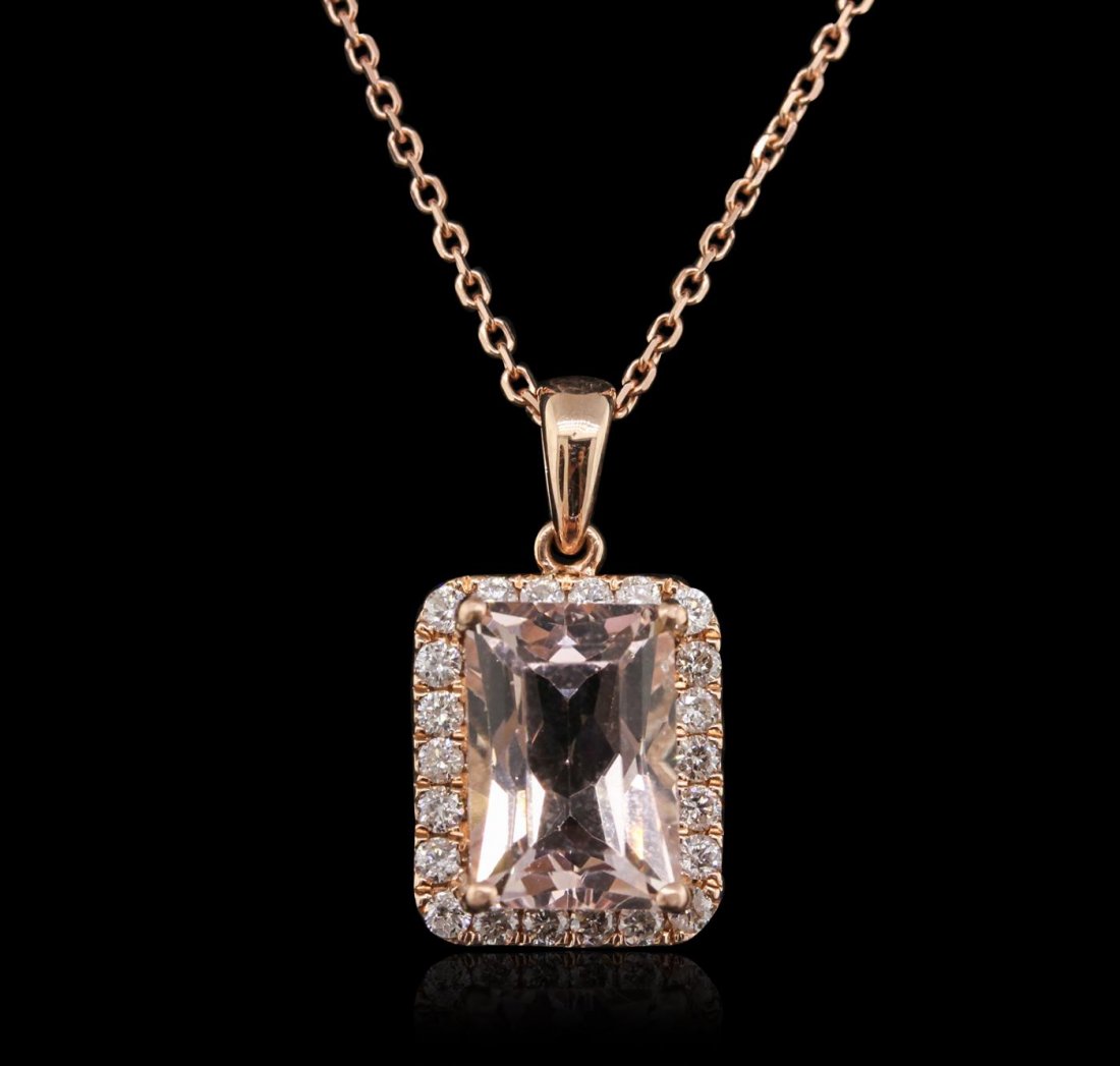 14KT Rose Gold 3.18ct Morganite and Diamond Pendant: One electronically tested 14KT rose gold ladies cast & assembled morganite and diamond pendant with chain. Condition is new, good workmanship. The pendant features a morganite set within a diamond bez