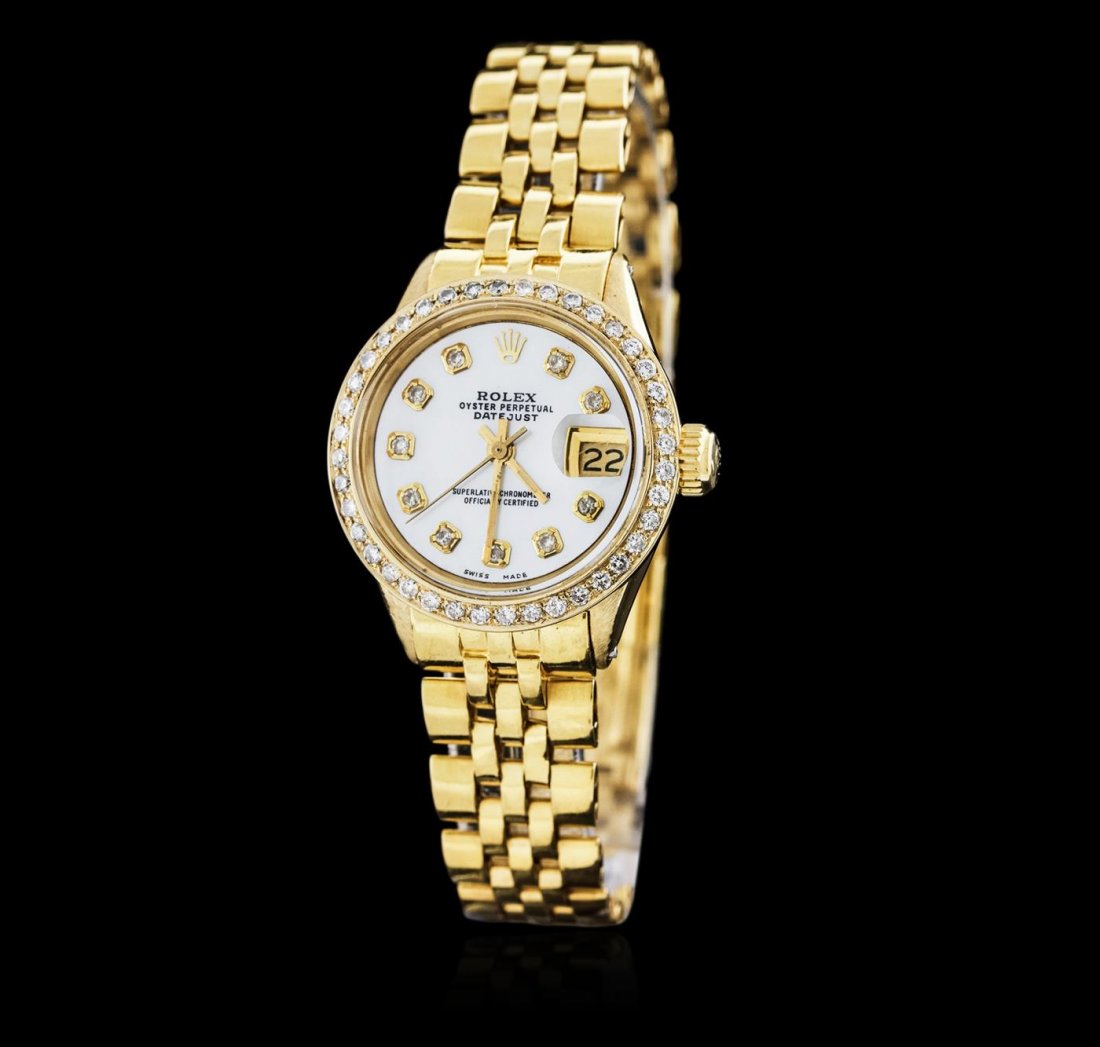Ladies Rolex 18KT Yellow Gold Diamond DateJust: One ladies, hand crafted & machine milled Rolex DateJust model wristwatch electronically tested 18KT yellow gold, Case: 25mm oyster, Crown: twinlock with logo, Custom Bezel: diamond set, Custom Crysta