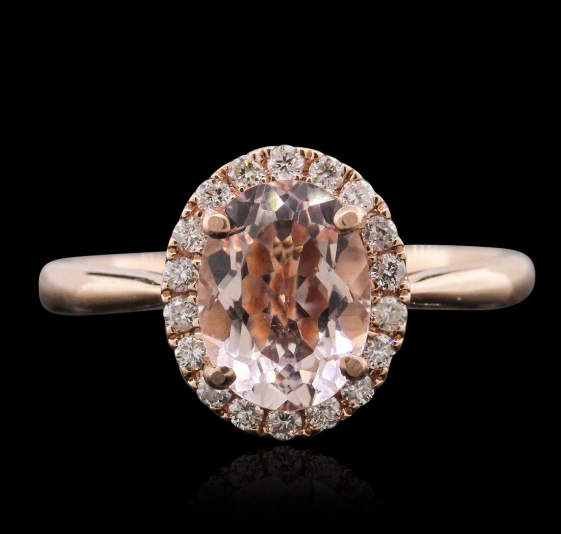 14KT Rose Gold 1.17ct Morganite and Diamond Ring: One electronically tested 14KT rose gold Ladies combination cast & assembled ring with a bright polish finish. Condition is new. Identified with markings of "14K". Containing: One prong set oval modif