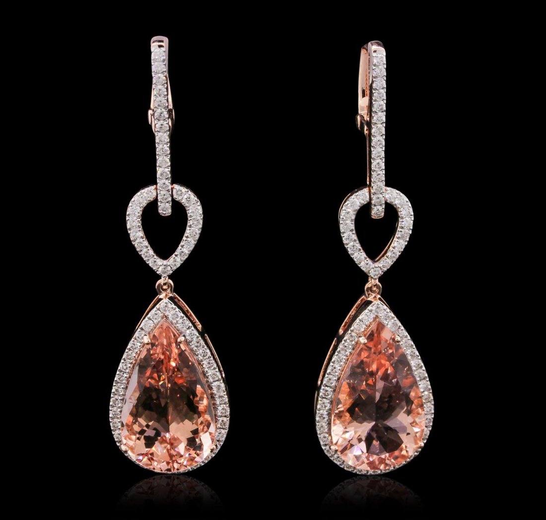 14KT Rose Gold 26.14ctw Morganite and Diamond Earrings: One pair electronically tested 14KT rose gold Ladies combination cast & assembled bee earrings with friction posts with a bright polish finish. Condition is new. Identified with markings of "14K". Con