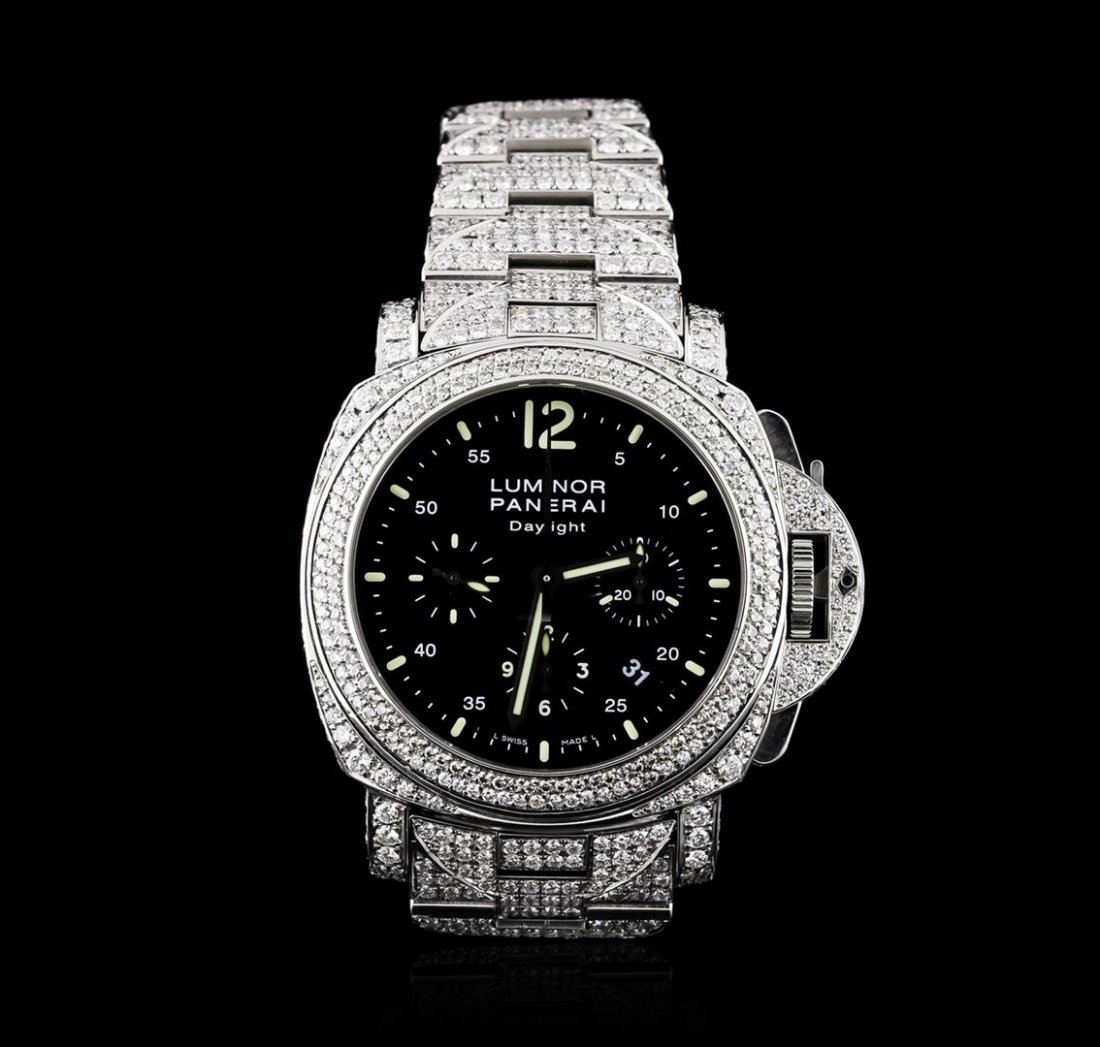 Panerai Stainless Steel 14.00ctw Diamond Luminor: One, Panerai Luminor Chrono Daylight customized wristwatch electronically tested stainless steel, Customized diamond set Case: 44mm, Case Back: engraved with the manufacturers name, information, and I