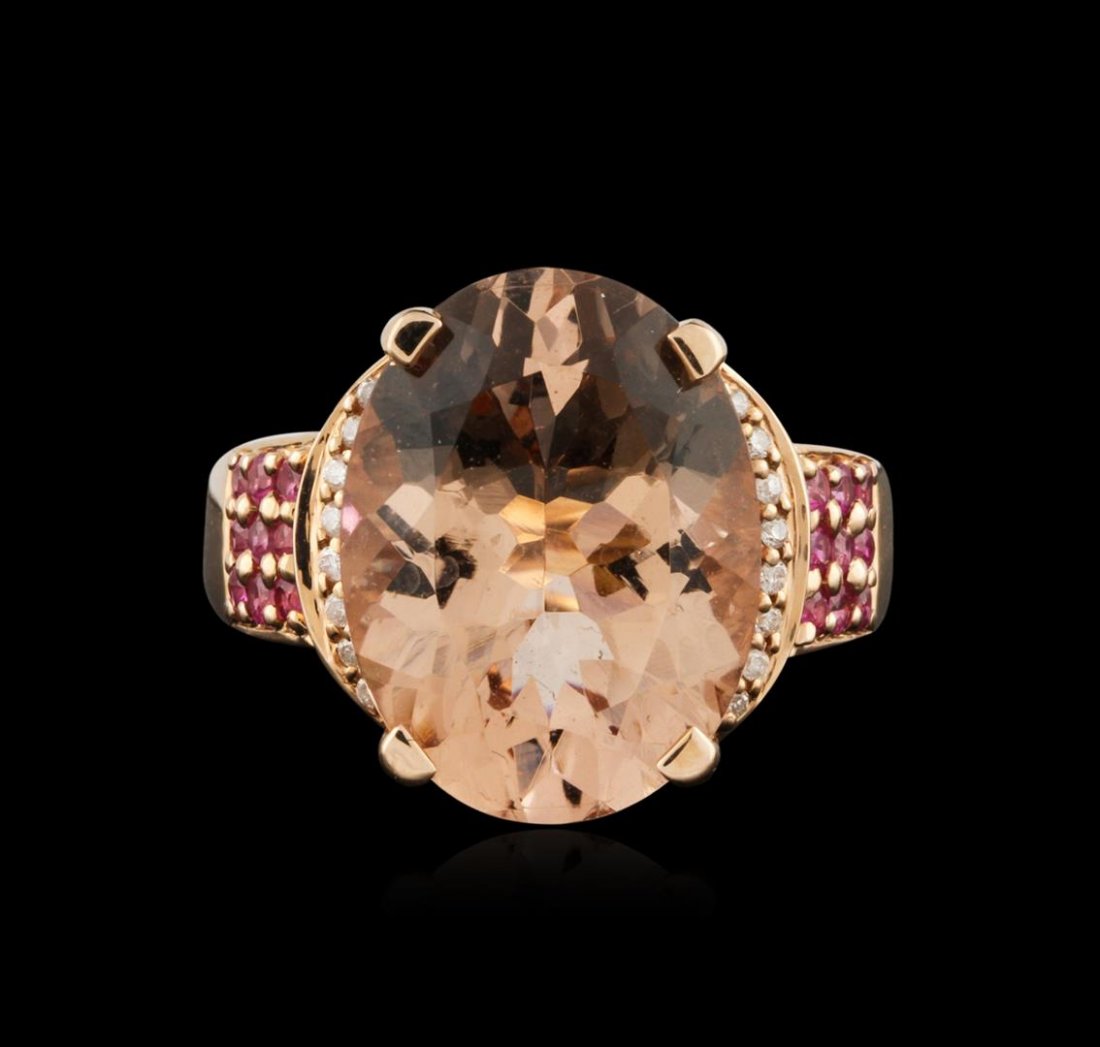 14KT Rose Gold 9.24ct Morganite, Pink Sapphire and: One ring featuring: 14KT rose gold weighing 4.04 grams containing one morganite with a total weight of 9.24ct, 18 pink sapphires with a total weight of 0.41ct, and 16 round diamonds with a total weigh