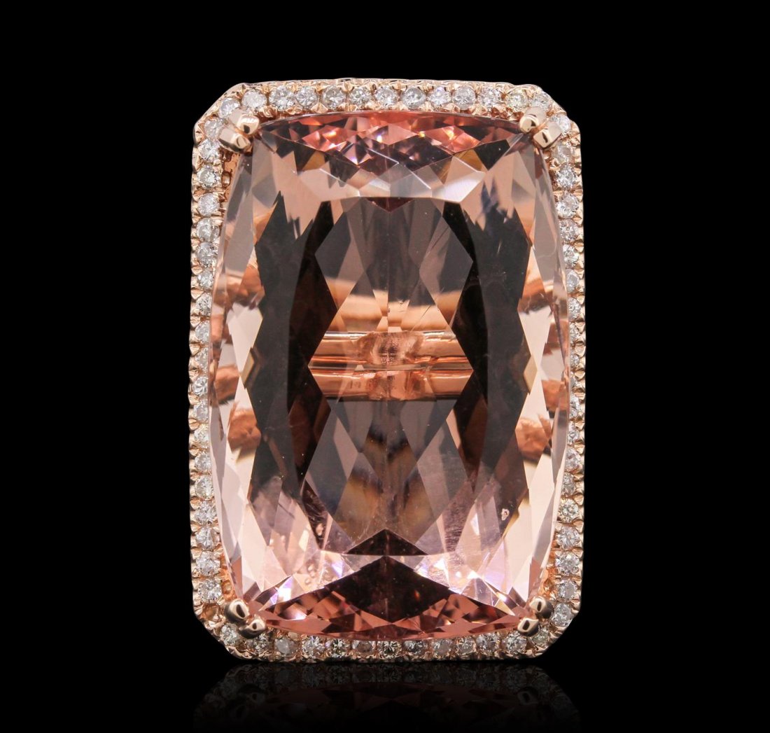 14KT Rose Gold GIA Certified 52.72ct Morganite and: One electronically tested 14KT rose gold Ladies combination cast & assembled ring with a bright polish finish. Condition is new. Identified with markings of "K14". Containing: One prong set rectangula