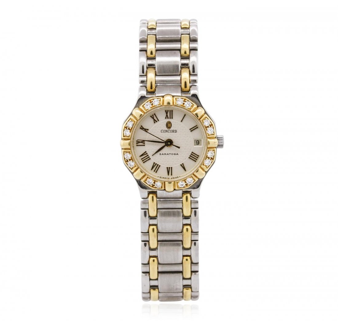 Ladies 18KT Two-Tone Gold Diamond Concord Wristwatch: One ladies Concord Saratoga Model 15 73 287 Luxury Dress Style Wristwatch featuring: 18KT Two-Tone Gold and Stainless Steel Bracelet, Steel Crown, Lugs, 18KT Yellow Gold Bezel with Diamonds, White Dia