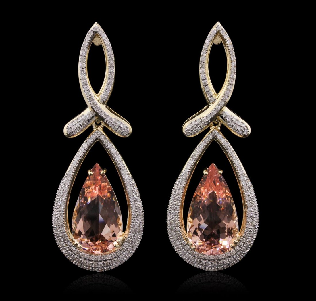 14KT Yellow Gold 21.98ctw Morganite and Diamond: One pair electronically tested 14KT yellow gold Ladies combination cast & assembled earrings with friction posts with a bright polish finish. Condition is new. Containing: Two prong set pear modified 