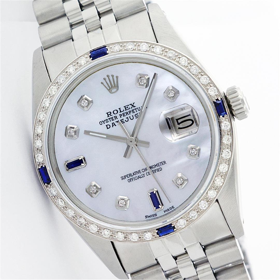 Gents Rolex Stainless Steel Diamond and Sapphire: One Gents Rolex Datejust Polished, Serviced & Electronically Tested, Stainless Steel Case:36mm, Stainless Steel Crown, Custom Bezel: 18K White Gold Sapphire Beadset Diamond Bezel, Diamond + Gem Count: