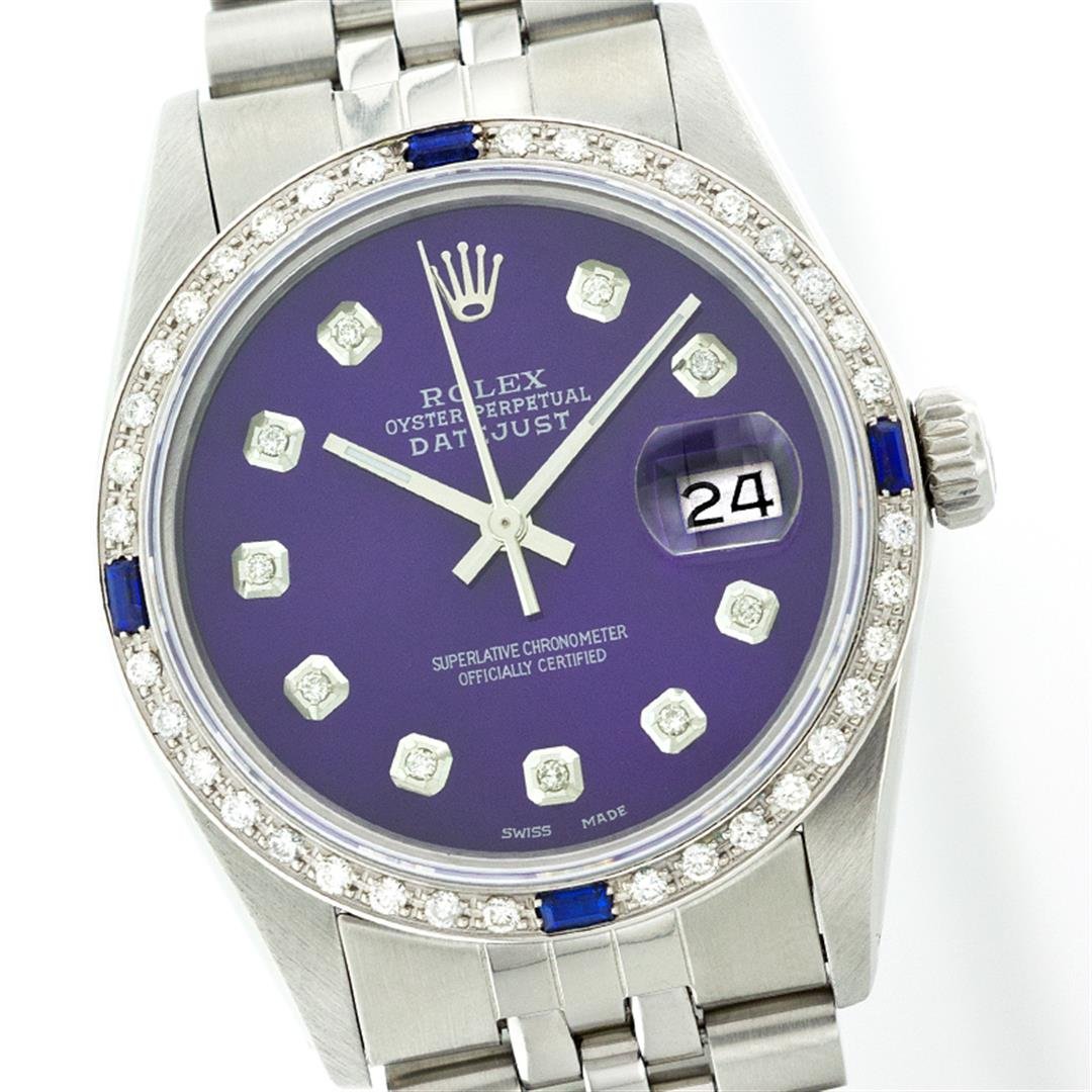 Gents Rolex Stainless Steel Diamond and Sapphire: One Gents Rolex Datejust Polished Bright with Satin Finish, Serviced & Electronically Tested, Stainless Steel Case: 36mm, Stainless Steel Crown, Custom Bezel: 18K White Gold Sapphire Beadset Diamond B