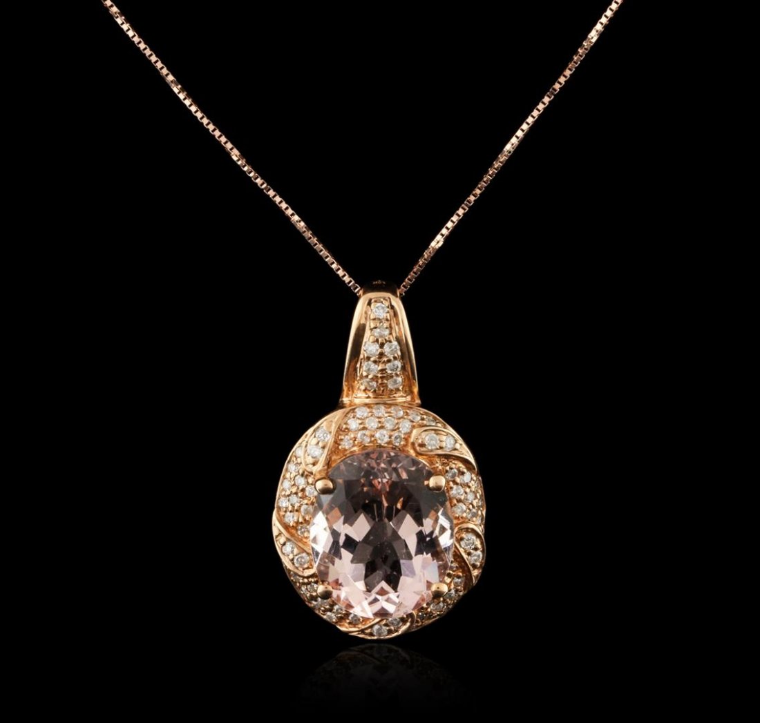 10KT Rose Gold 4.55ct Morganite and Diamond Pendant: One pendant with chain featuring: 10KT rose gold weighing 4.55 grams containing one morganite with a total weight of 4.55ct and 73 round diamonds with a total weight of 0.34ct.